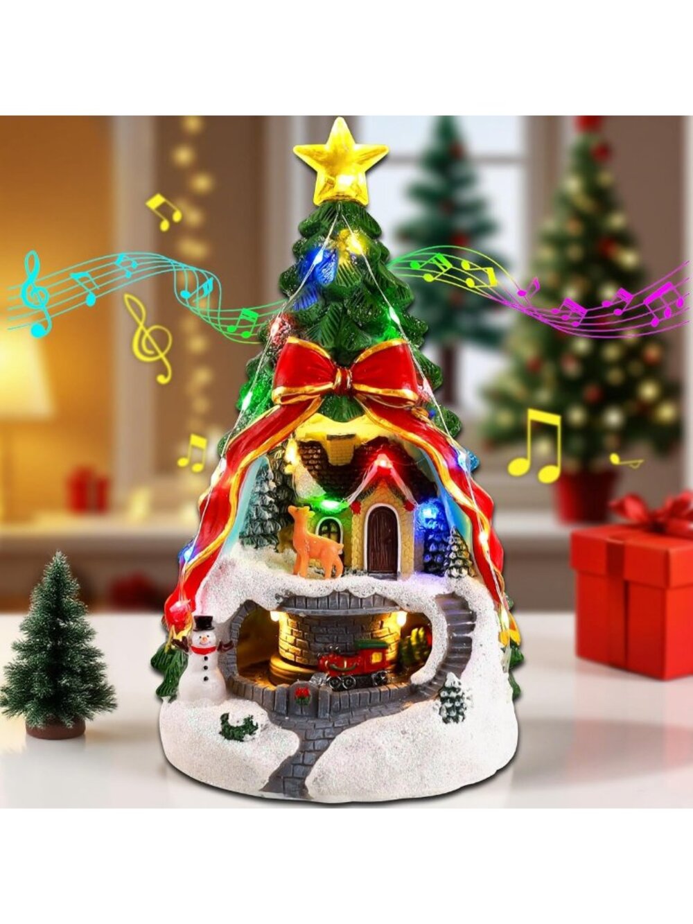 Pre-Lit 9.5" Musical Christmas Tree with Spinning Train & Village Figurines